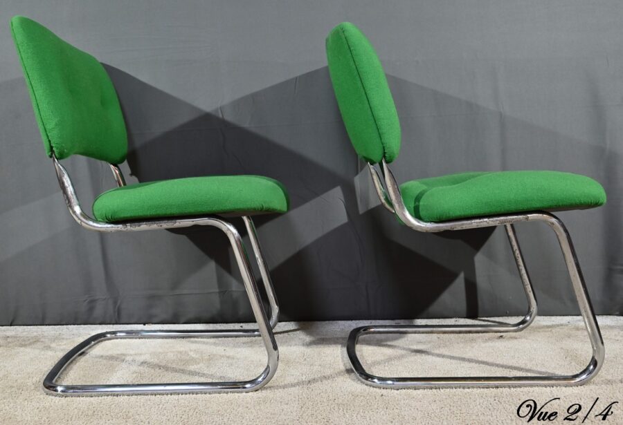 Paire de Chaises en Tissu Coton et Métal Chromé, attribuées à Steelcase Strafor – 1970 – Image 17