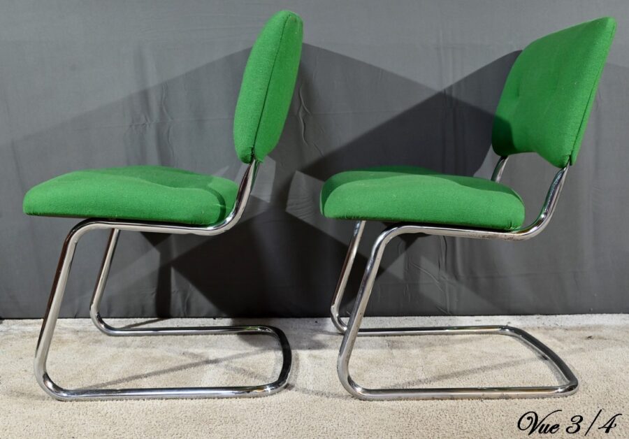 Paire de Chaises en Tissu Coton et Métal Chromé, attribuées à Steelcase Strafor – 1970 – Image 18