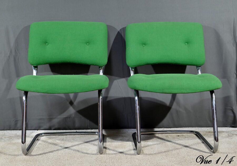 Paire de Chaises en Tissu Coton et Métal Chromé, attribuées à Steelcase Strafor – 1970 – Image 5