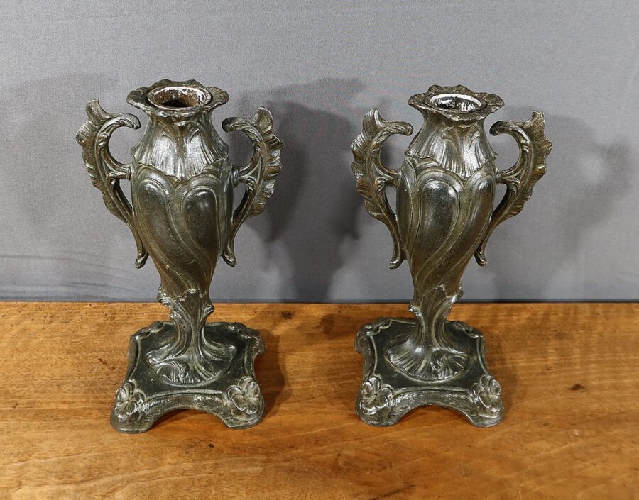 Paire de Soliflores en Régule, Art Nouveau- Fin XIXe – Image 2
