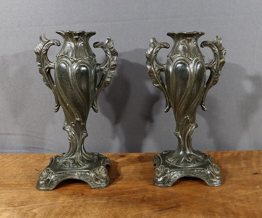 Paire de Soliflores en Régule, Art Nouveau- Fin XIXe – Image 4