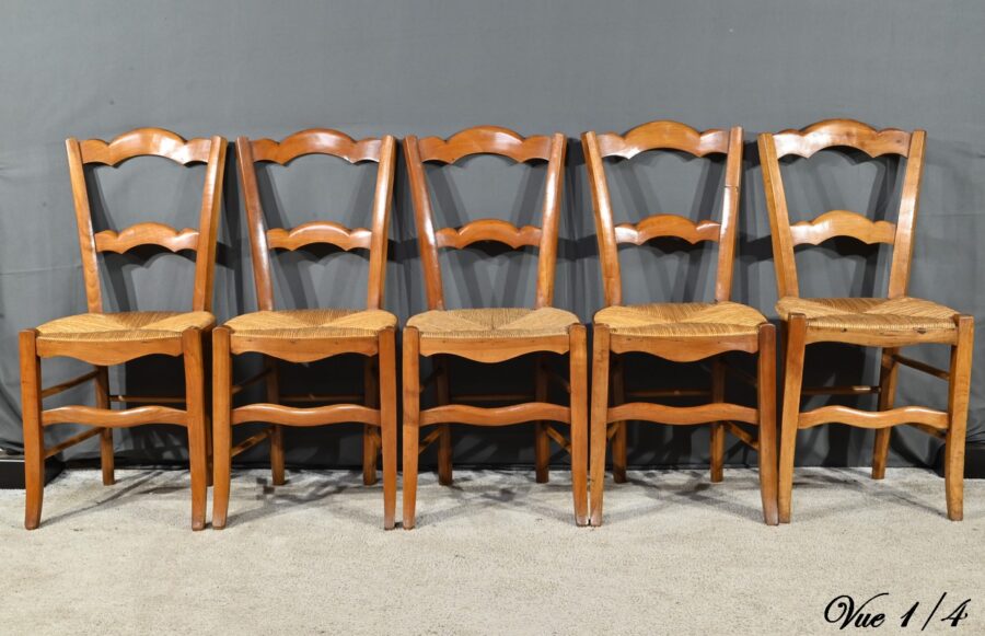 Suite de 5 Chaises de Campagne en Merisier, style Louis Philippe – Fin XIXe – Image 5