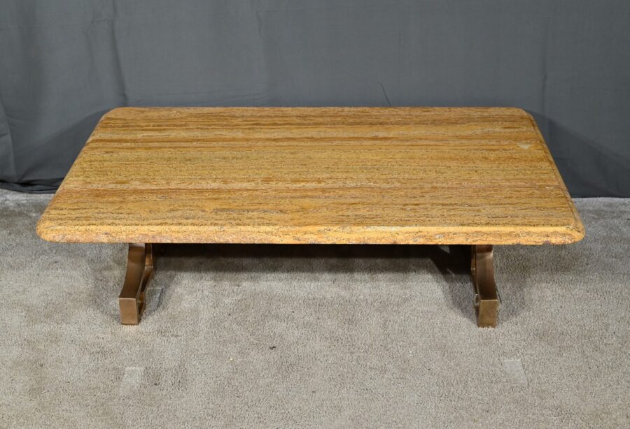 Table Basse en Laiton et Travertin, Art Déco – 1930