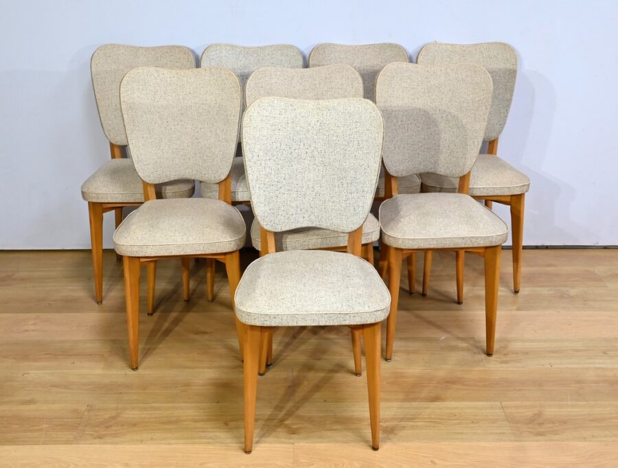 Suite de 6 Chaises en Hêtre et Simili Cuir – 1960