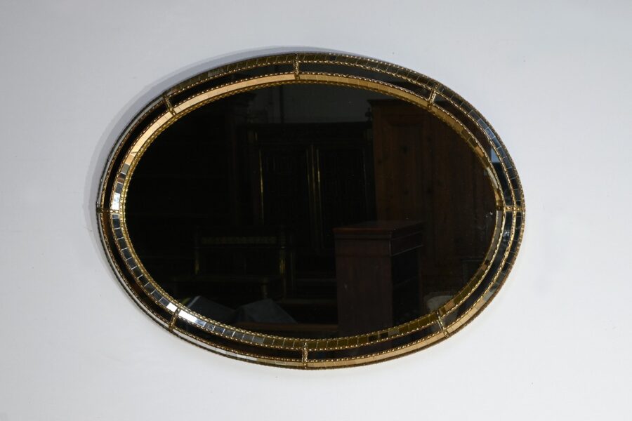 Miroir Ovale à Parclose en Laiton, style Hollywood Regency - 1970