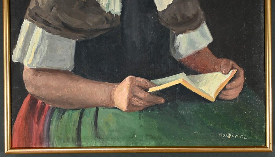 Huile sur Toile, "Polonaise à sa Lecture", signée A. Markowicz - Début XXe – Image 10